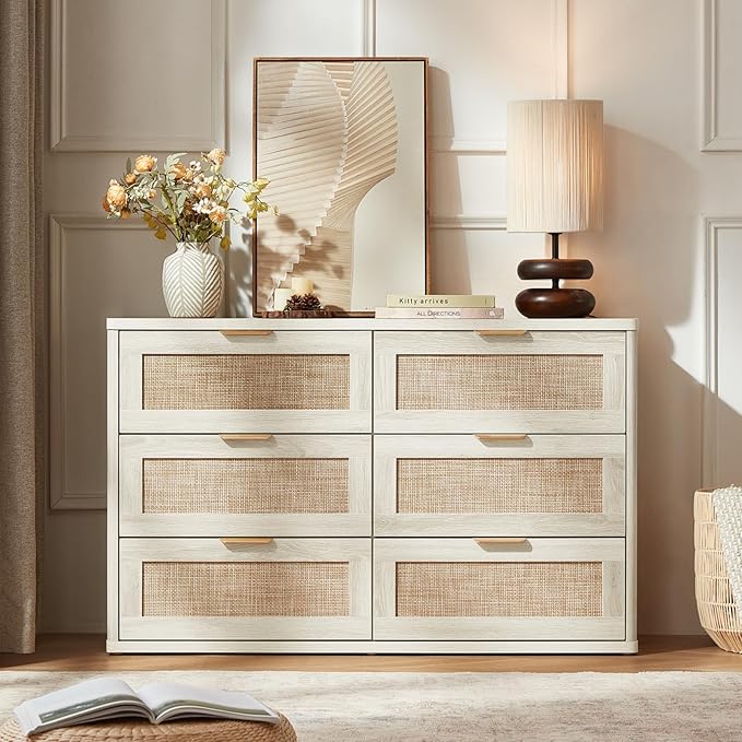 LEYAOYAO Rattan 6 Drawer Dresser for Bedroom, Boho 48" Wide White Dresser Chest of Drawers, Dressers TV Stand with Metal Handle, Storage Dressers Closet Organizer for Living Room, Hallway