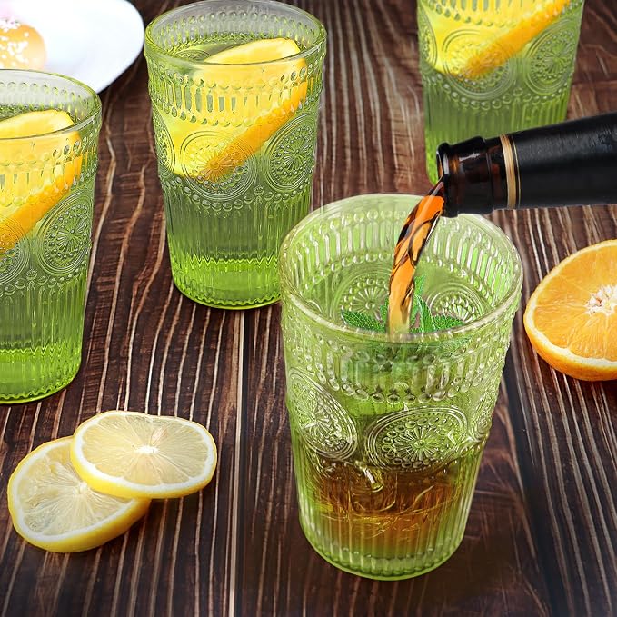 Loivttvv 6pcs Vintage Drinking Glasses Set, 12 oz Green Highball Glasses, Embossed Ribbed Glassware Cups for Cocktail, Water, Juice, Coffee, Whiskey