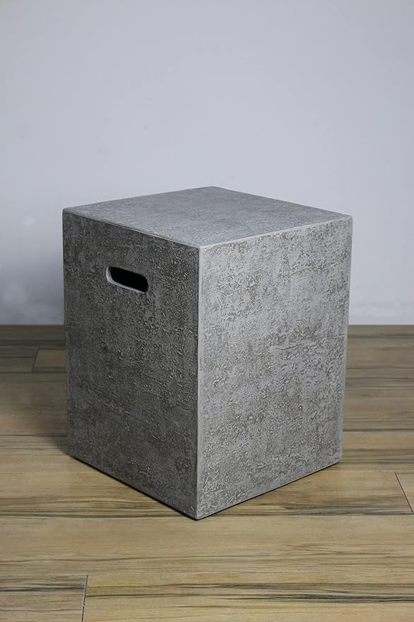 AMS Fireplace | Elementi Square Travertine Light Gray 20 lbs Propane Tank Cover | Concrete GFRC Base | Dimensions: 15.7 x 15.7 x 20 inches | Perfectly Matches with Metropolis Light Gray Fire Pit Table