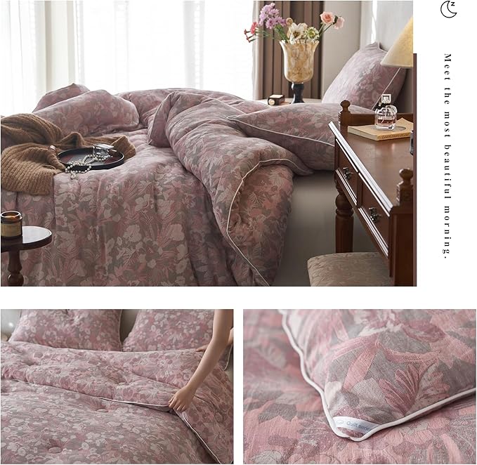HighBuy Muslin Cotton Comforter Set Full Size Pink Floral Bedding Comforters Set 3 Piece Lightweight Soft & Warm Bed Comforter Full with 2 Pillowcases,Boho Chic Bedding Set