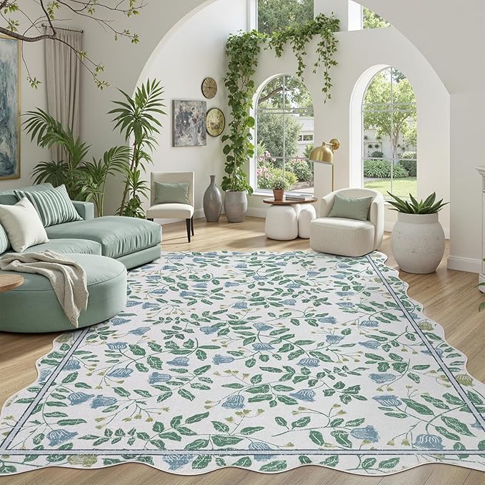DCX Washable Botanical Floral Rug 5x7, Blue and Green Scalloped Rug, Non Slip Low Pile Carpet for Bedroom, Living Room, Kid & Pet Friendly