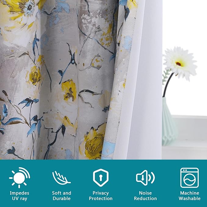 MYSKY HOME Floral Curtains 63 inch Length 2 Panels for Living Room Vintage Flower Printed Drapes Thermal Insulated Curtains Panels with Grommet, Grey and Yellow