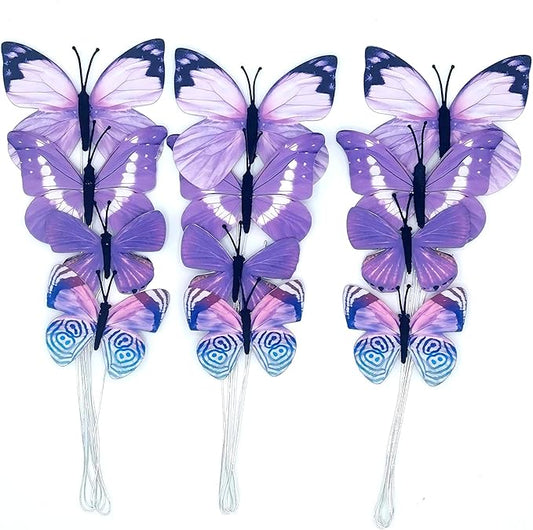 12 PCS Artificial Fabric Butterflies, 2 Sizes Reusable Butterly Crafts Decor, DIY 3D Butterfly Decorations for Fake Flowers Floral Nursery Wedding Tea Party Birthday Easter Spring. (Purple01 Medium)