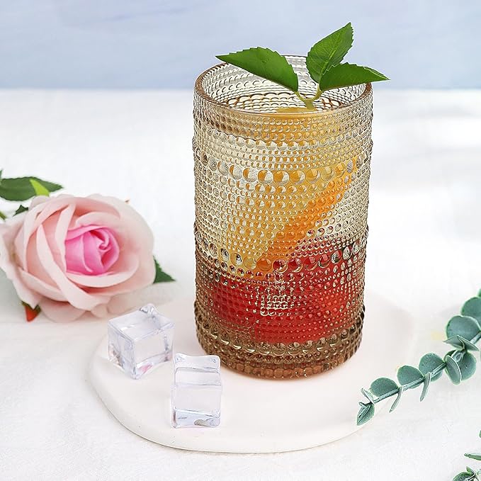 Hobnail-Drinking Glasses 13oz Vintage Glassware Sets Cocktail Juice Glasses Set of 6, Light Brown