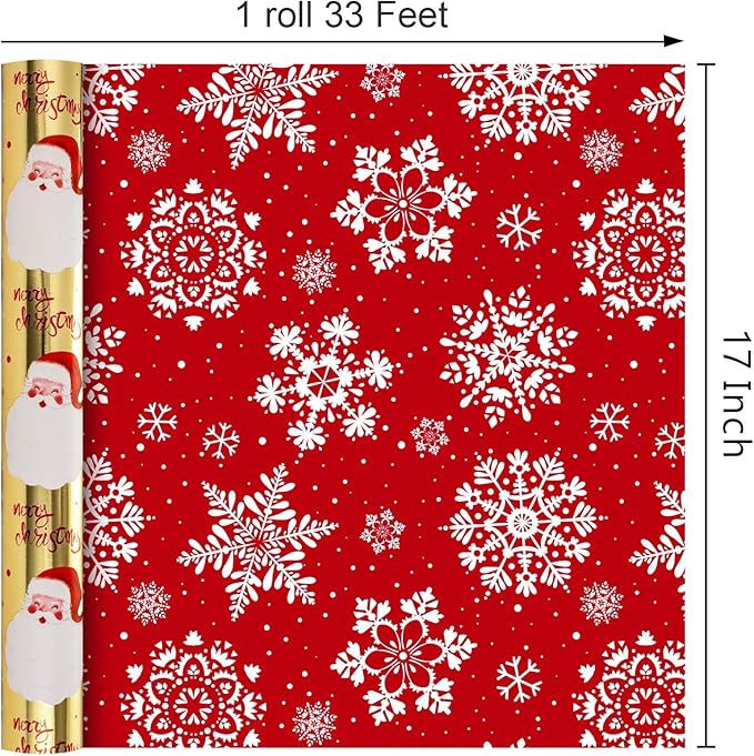 MAYPLUSS Gold Santa Claus Wrapping Paper Roll, 17IN X 33FT Red Christmas Gift Wrap Paper Featuring Merry Christmas Reversible Snowflake for Holiday New Year Kids