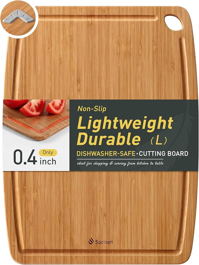 Lightweight Durable Bamboo Cutting Board with Non-Slip Feet, Non Toxic Wooden Cutting Board for Kitchen Heat-Resistant Chopping & Charcuterie Board with Juice Groove Kitchen Essentials for Meat