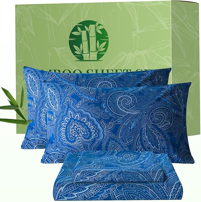 Bedlifes Queen Floral 4-Piece Sheet Set - Cooling Sheets Blend Rayon Derived from Bamboo,Soft & Breathable, Deep Pocket 16", Wrinkle Resistant - Paisley Dark Navy Blue