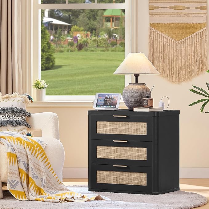 LEYAOYAO Rattan Night Stand with Charger Station, 23" Large 3 Drawer Boho Nightstand, Black Bedside Table Storage Cabinet, Bed Side End Tables for Bedroom, Living Room, Hallway