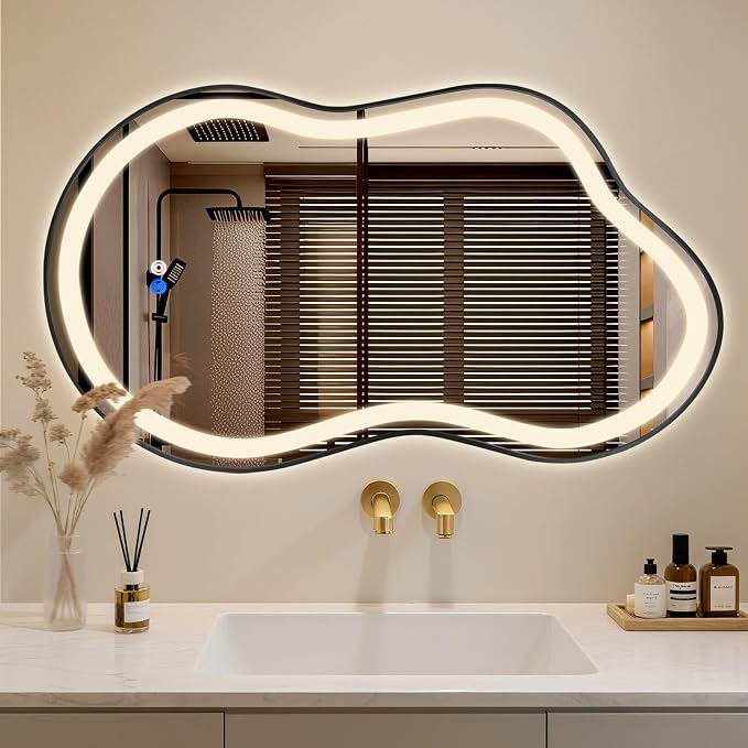 Irregular LED Bathroom Mirror with Lights, Cloud Smart Backlit Mirror, Dimmable Lighted Bathroom Mirror with Anti-Fog, Asymmetrical Vanity Mirror Hangable 2 Ways (Black, 20" x 36", 1 Pack)