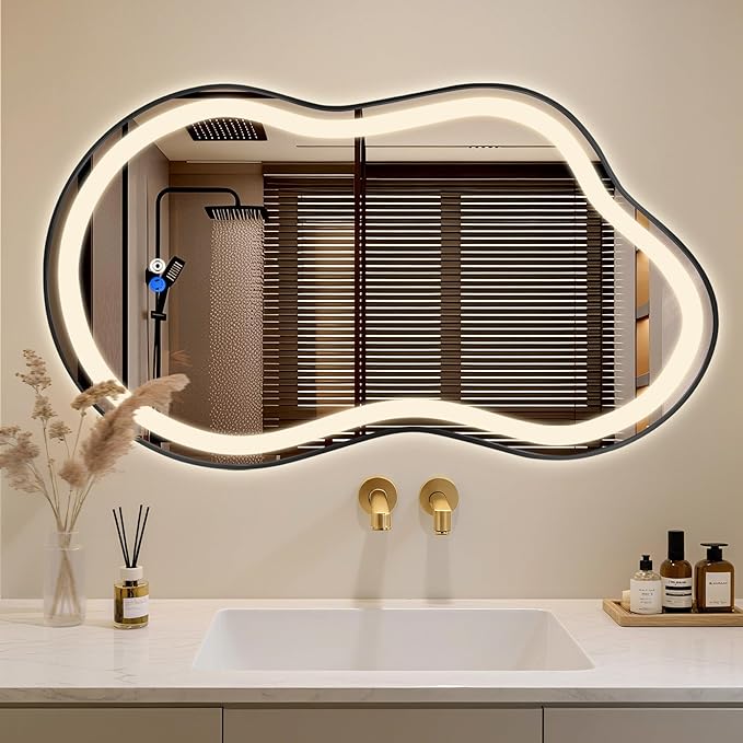 Irregular LED Bathroom Mirror with Lights, Cloud Smart Backlit Mirror, Dimmable Lighted Bathroom Mirror with Anti-Fog, Asymmetrical Vanity Mirror Hangable 2 Ways (Black, 26" x 46", 1 Pack)