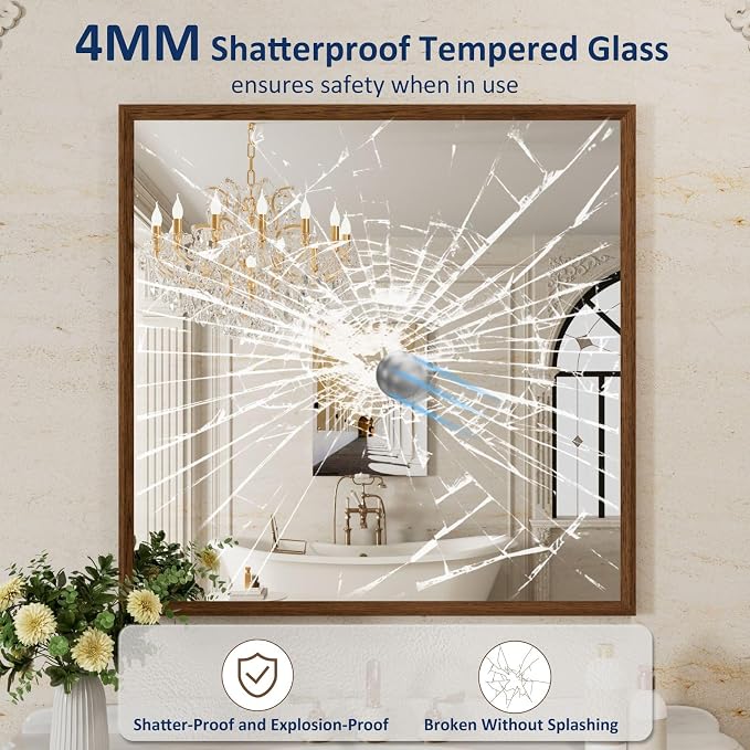WEER Bathroom Mirror, 36x36 Inch Wall Mirror, Walnut Wood Grain Framed Mirror, Rectangle Vanity Mirror, Tempered Glass, Anti-Rust, Hangs Horizontally or Vertically