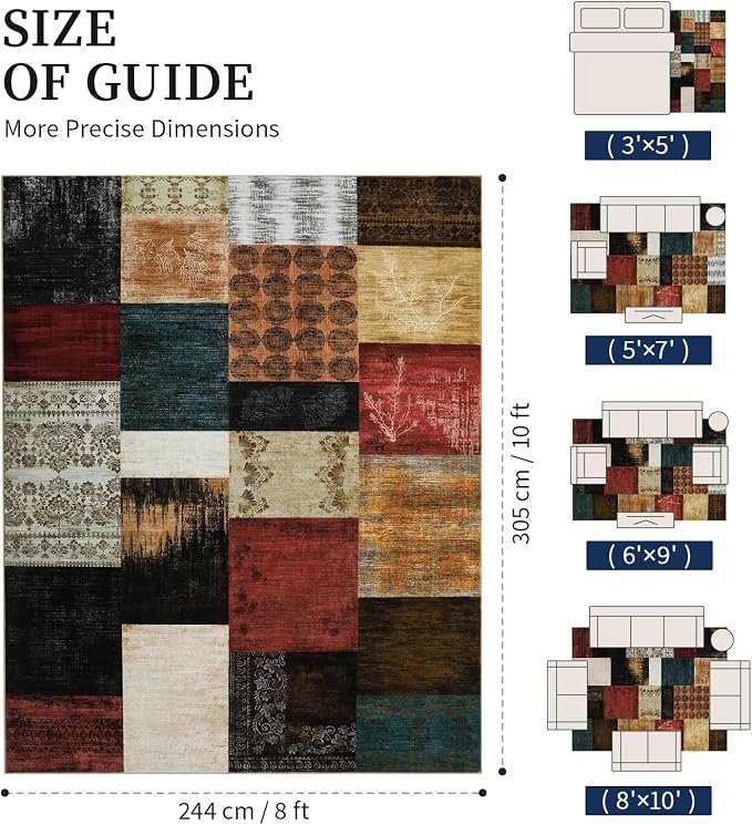 YIHOUSE Mid Century Modern Vintage Cowboy Area Rug 8x10 for Living Room,Retro Patchwork Rug Non Slip,Red and Brown Floral Farmhouse Rugs Washable, Geometric Boho Rugs for Kitchen,Dining Room,Bedroom