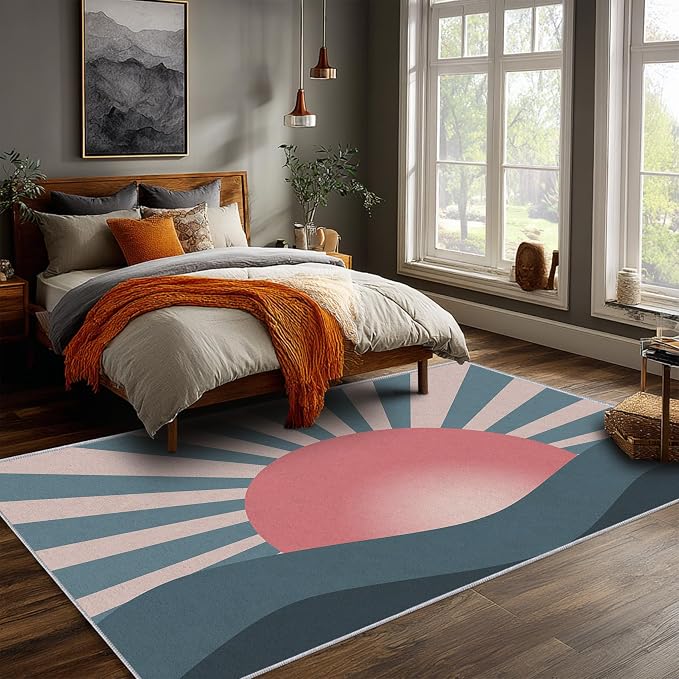 Boho Sun Rugs 7x9, Mid Century Modern Abstract Washable 7 x 9 Area Rug for Living Room, Bedroom, Low Pile Non Slip Stain Resistant Carpet, Mid Century Home Decor Accessories & M869