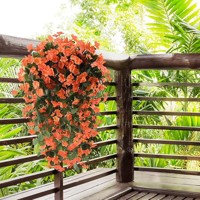 Artificial Fake Hanging Flowers Plants for Outdoor Fall Decoration, 2PCS Faux Silk Violet UV Resistant Look Real Trailing Vines for Outside Home Planter Porch Patio Mums Autumn Decor(Orange)