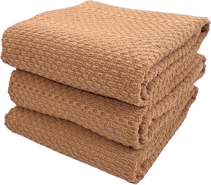 Beige Clay Peach Blush Tan Pink Kitchen Hand Dish Towels: Oversized 28" x 18",100% Cotton Cloth Soft Cleaning Drying Absorbent Textured Design, Set of 3 Multipurpose for Everyday Use (Sandstone)