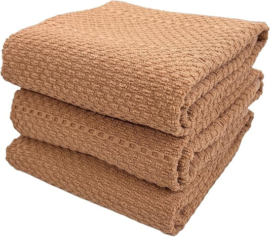 Beige Clay Peach Blush Tan Pink Kitchen Hand Dish Towels: Oversized 28" x 18",100% Cotton Cloth Soft Cleaning Drying Absorbent Textured Design, Set of 3 Multipurpose for Everyday Use (Sandstone)