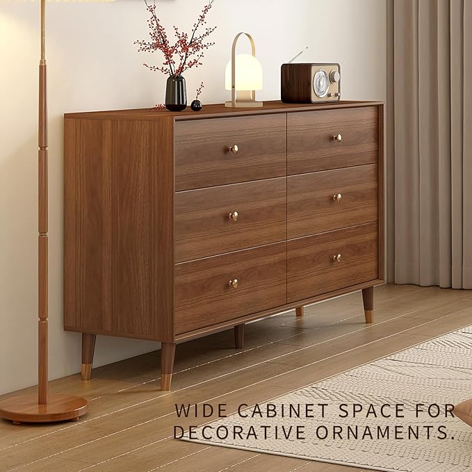 6-Drawer Dresser, Solid Wood Frame, Sturdy and Spacious Design, Modern Bedroom Storage Organizer, Multi-Functional Chest for Bedroom, Hallway, Living Room, or Office (Walnut Color, 47.2)