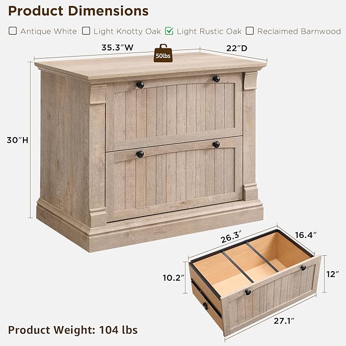 OKD Farmhouse File Cabinet with 2 Drawers, 35.3" Lateral Filing Cabinet with Hanging File Folders, Interlocking Drawers, Wood Rustic Storage Cabinet for Home Office, Living Room, Light Rustic Oak