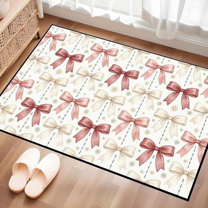 Pink Bowknot Area Rug 2'x3' Watercolor Coquette Aesthetic Non-Slip Washable Carpet for Entryway Bedroom Living Room Nursery Kitchen Playroom Home Decor Soft Low Pile Floor Mat