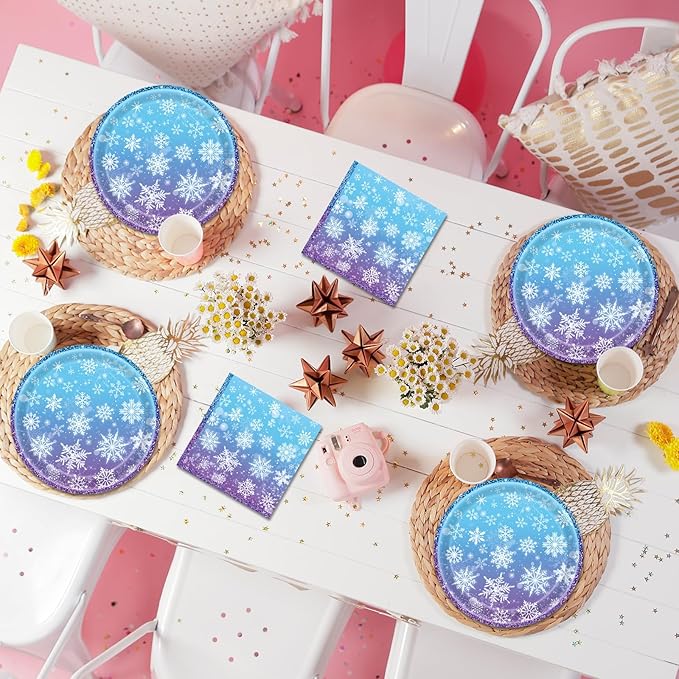 40 Pcs Snowflake Plates and Napkins Party Supplies, Blue Winter Wonderland Disposable Paper Plates and Napkins Tableware Set for Christmas Baby Shower Birthday Party Decorations Serves 20 (Snowflake)