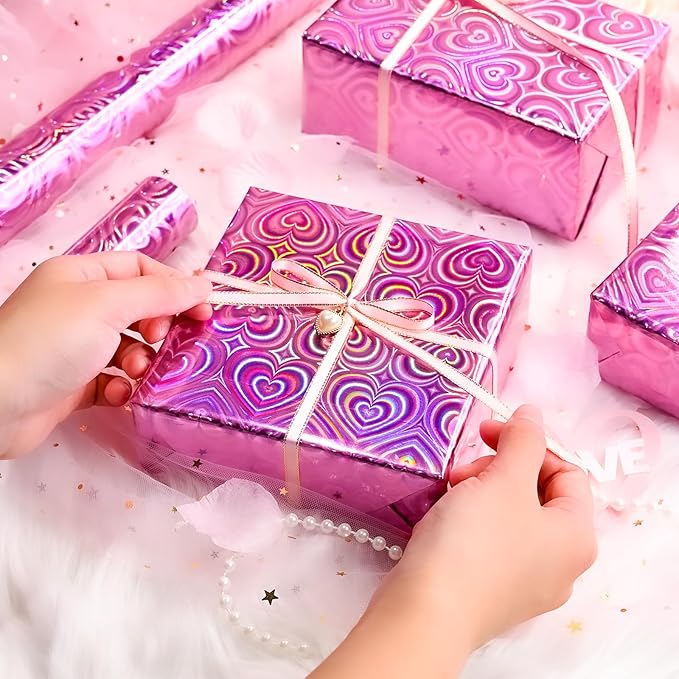 Yarcony Pink Wrapping Paper, Mini Roll, Holographic Hearts Wrapping Paper, Valentine's Day Present Paper for Lover Anniversary, Wedding, Mother's Day, Birthday, Romantic Occasions (17 Inch X 33 Feet)