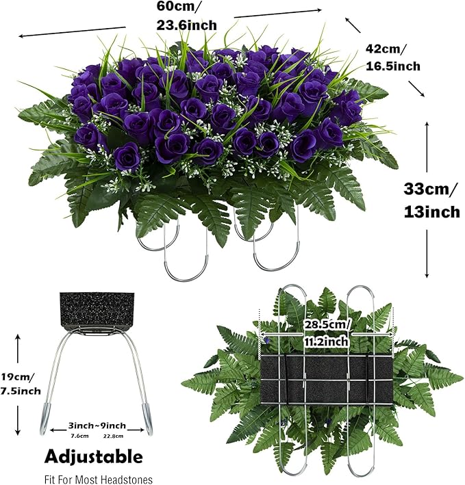 Artificial Cemetery Flowers Saddles, Artificial Memorial Rose Flowers, Outdoor Grave Saddle for Headstone Tombstone Decorations (Purple)