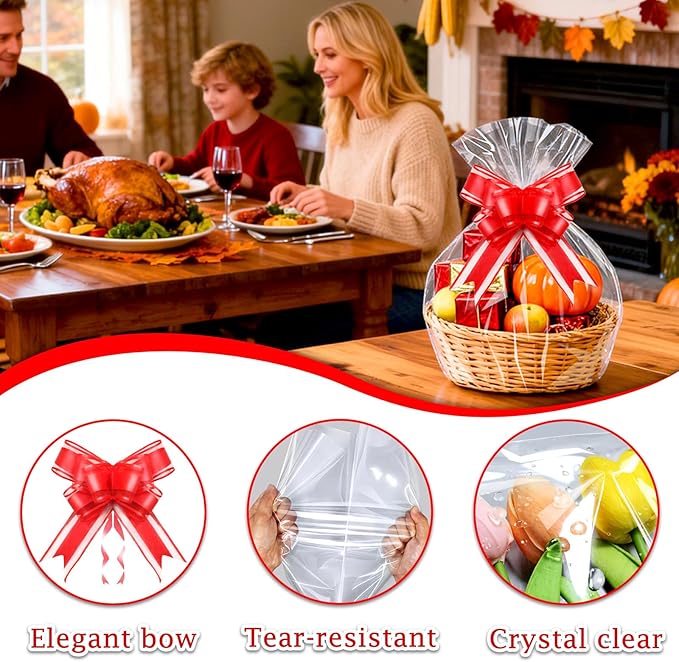 PigPotParty 16"x24" Clear Cellophane Gift Bags - Includes Bows – 10 Pack Cellophane Wrap for Gift Baskets, Plastic Gifts Bags for Gift Giving