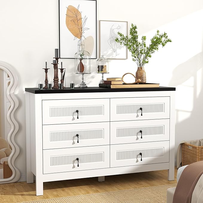 White Dresser for Bedroom Modern: 47" Fluted 6 Drawer Dresser for Closet, Wide Wooden Bedroom Chest of Drawers, Deep Wood Dressers & Chests of Drawers(White)