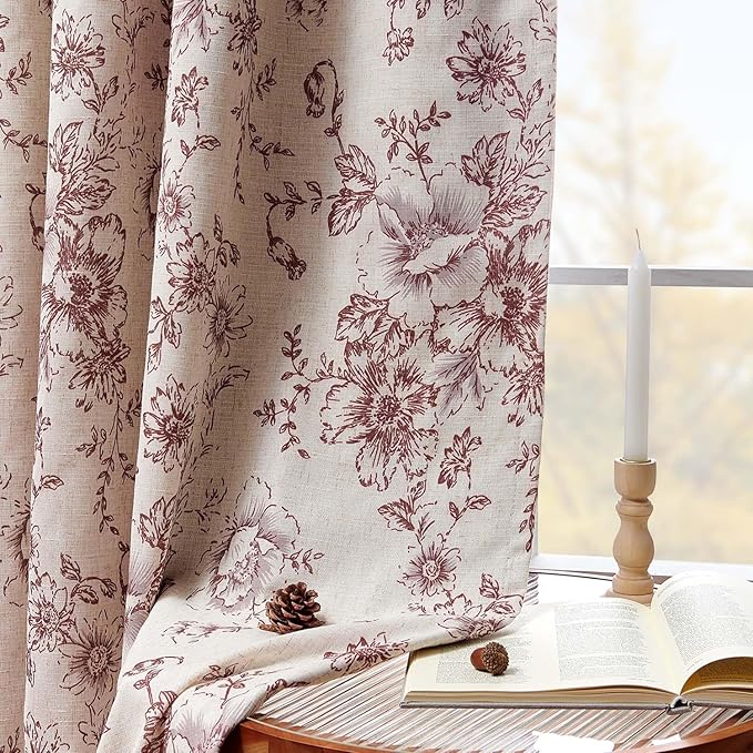 jinchan Blackout Floral Curtains Linen Blend Curtain for Living Room 90 Inch Length Christmas Brick Red Flower Printed Drapes for Bedroom Rod Pocket Back Tab Farmhouse Curtains Set 2 Panels