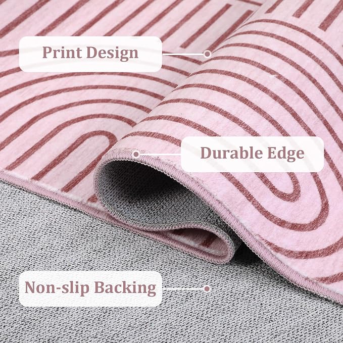 Washable Rugs 5x7 Abstract Lines Print Area Rug Non Slip Cute Girl Room Rug Low Pile Boho Rainbow Carpet Ultra-Thin Soft Bedroom Rug Non Shed Thin Modern Carpet for Dorm Apart Dining Room, Pink