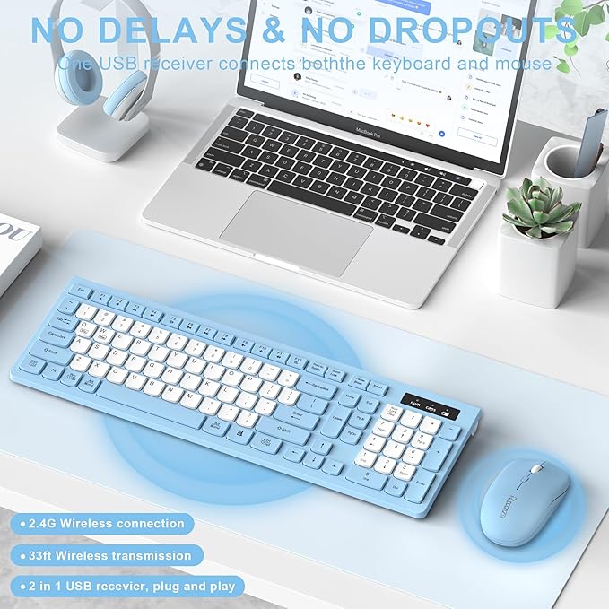 Wireless Keyboard and Mouse Combo, Full-Sized Wireless Keyboard and Adjustable DPI Mouse, 2.4GHz USB Receiver, Silent Keyboard and Mouse for PC, Windows, MAC, Desktop, Laptop(Sky Blue-B)
