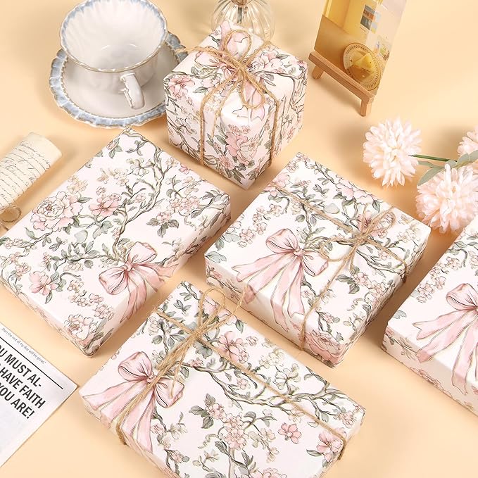 Ywdbzjhs 1 Roll Pink Bow and Flower Wrapping Paper Mini Roll - 17 In x 33 Ft - Coquette Vintage Floral Pink Bows Gift Wrap Paper for Christmas Birthday Wedding Baby Shower Engagement Bridal Shower