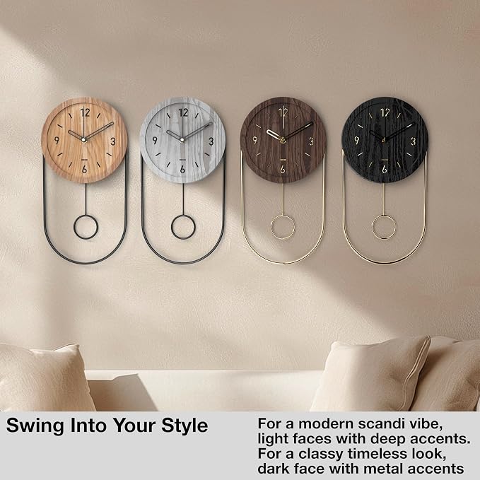 Driini Decorative Wall Clock with Pendulum (Walnut) – Modern Wood, 3D Gold Numbers, Metal Frame – Small, Unique Wall Clocks for Living Room Decor or Bathroom - Battery Operated, Silent, Non-Ticking