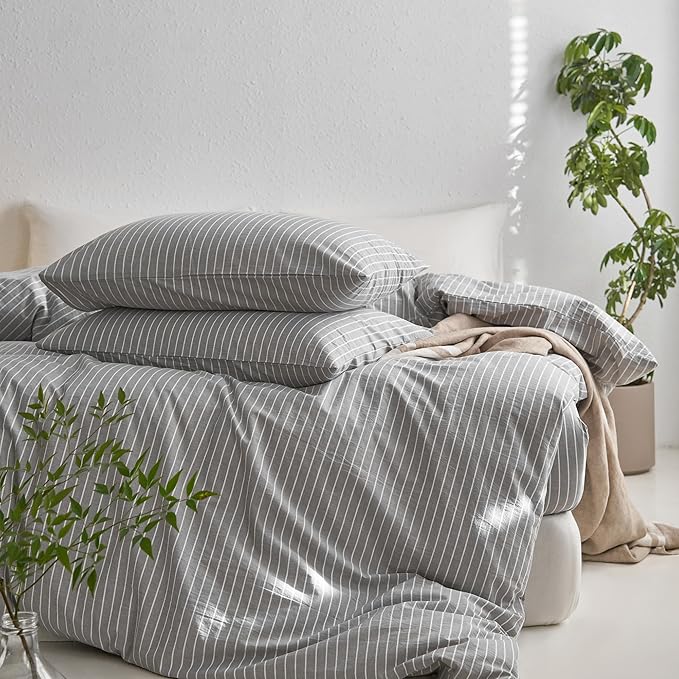 MooMee Striped Duvet Cover Set 100% Washed Cotton Linen Like Textured Breathable Durable Soft Comfy (Light Grey White Wide Stripes, Alaska King 132"x120")