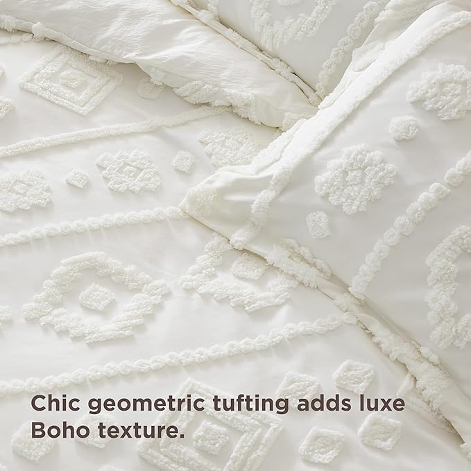 Bedsure Boho Duvet Cover Queen Size - White Tufted Boho Bedding, Farmhouse Shabby Chic Embroidery Bedding for All Seasons, 3 Pieces, 1 Soft Jacquard Queen Comforter Cover and 2 Pillow Shams