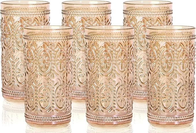 Darlion 6 Pack Highball Beverage Glass Cup, 12oz Amber Glassware Drinking, Vintage Embossed Drinking Glasses, Old Fashioned Glass for Party Wedding Home Office and Gift
