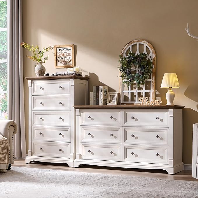 Farmhouse 6 Drawers Dresser for Bedroom, 54" Wide Large Dressers & Chests of Drawers w/Roman Column, Wooden Dresser TV Stand with Large Drawers for Nursery Bedroom Living Room Hallway, Antique White