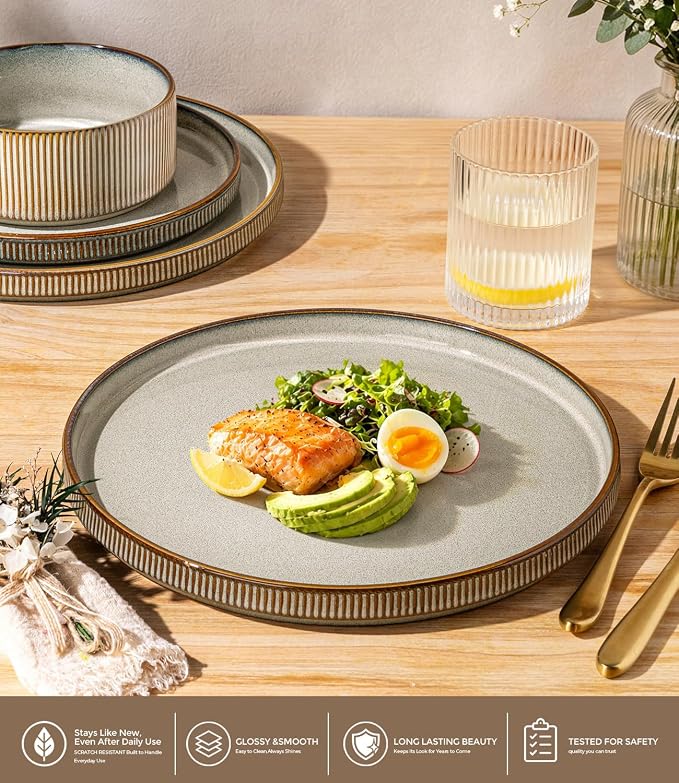 GBHOME 12-Piece Stoneware Dinnerware Set for 4 – Ribbed Ceramic Plates and Bowls, Scratch-Resistant, Microwave & Dishwasher Safe, Reactive Glaze, Reactive Glaze Green Wheat