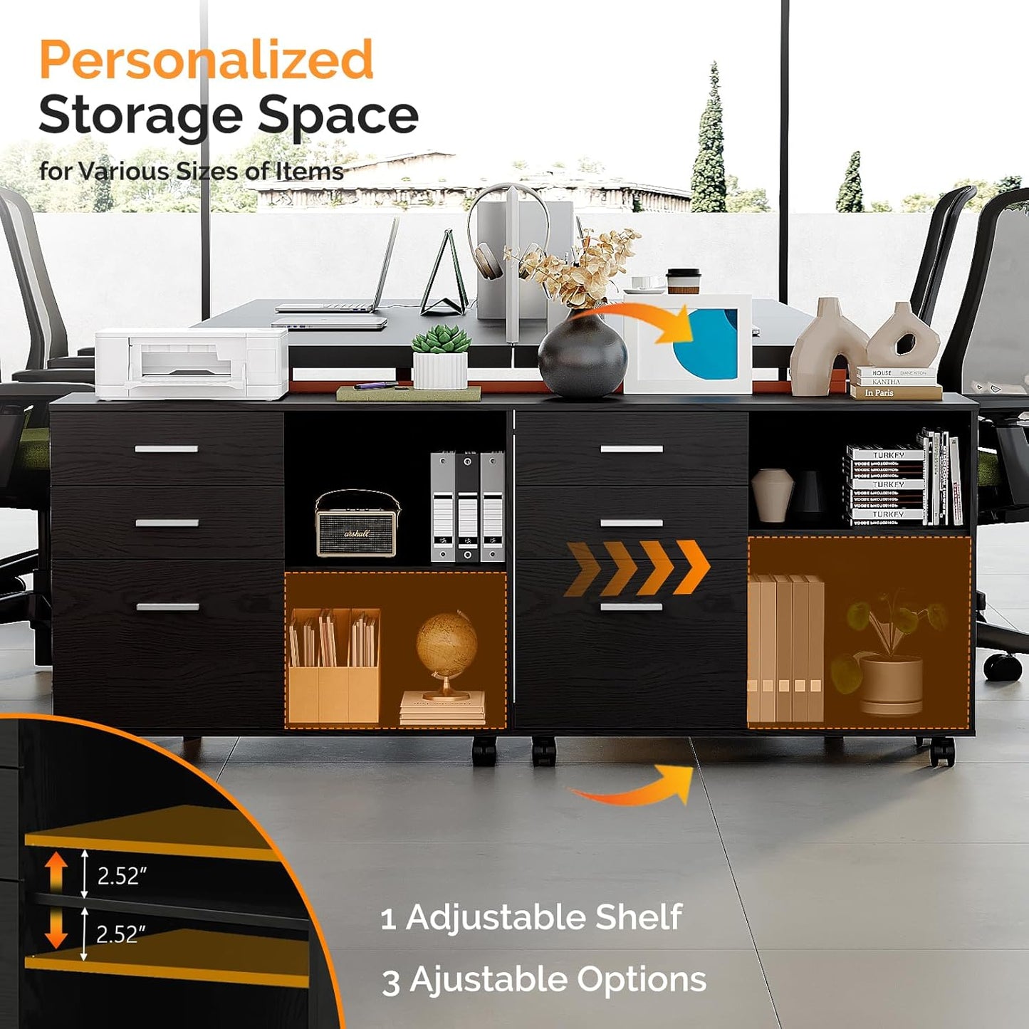 VINGLI 3 Drawer Wood Lateral File Cabinet - Adjustable Shelves & Locking Wheels | Sturdy Black Design for Home Office