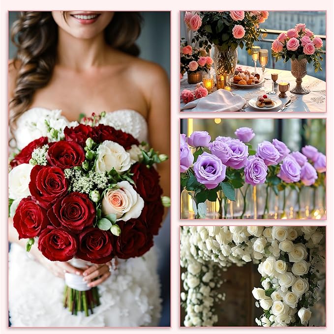 20PCS Artificial Roses with Long Stems - Realistic Silk Flowers, Fake Roses Real Touch Bouquet of Roses for Home Decor, Bridal Wedding Party Table Centerpieces, Bulk Faux Rose Flowers (Pink)