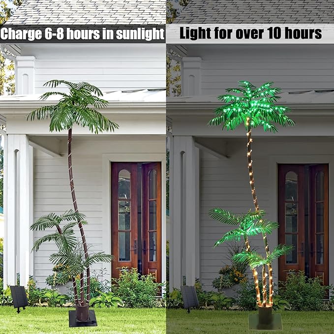7FT Solar Lighted Palm Trees for Outside Patio Light Up 260 LED Artificial Fake Tree Lights for Pool Bar Tropical Party Deck Outdoor Decorations