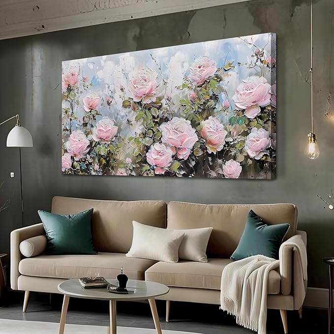 Ardemy Flower Wall Art Canvas Art Wall Decor, Floral Painting Textured Picture Living Room Pink Rose Artwork Large Framed for Bedroom Kitchen Dining Room Home Office Decor 40"x20"