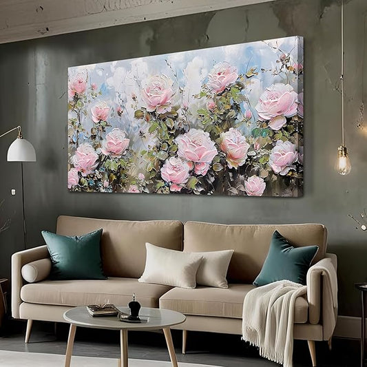 Ardemy Flower Wall Art Canvas Art Wall Decor, Floral Painting Textured Picture Living Room Pink Rose Artwork Large Framed for Bedroom Kitchen Dining Room Home Office Decor 48"x24"