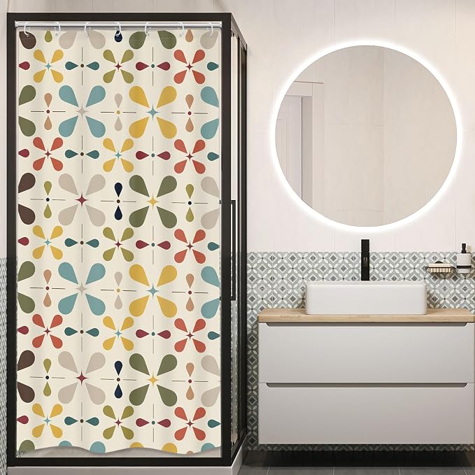 Boho Mid Century Shower Curtain Bathroom Set 36Wx71H Inches Small Stall Modern Vintage Abstract Bohemian Colourful Geometric Retro Bath Accessories Aesthetic Art Home Decor Fabric 7 Pack Hooks