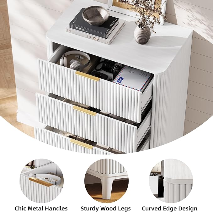 Fluted 5 Drawers Dresser for Bedroom, 45" Modern Tall Chest of Drawers with Wood Grain, Farmhouse Wooden Vertical Dresser, Curved Profile Design, Wood Drawer Organizer for Closet, Hallway White