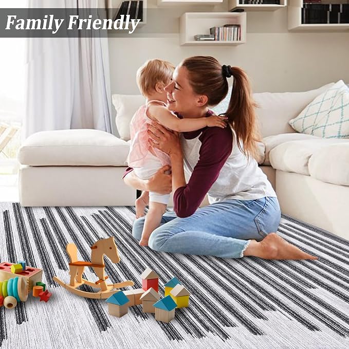 Washable 5x7 Rugs for Living Room Low Pile Soft Bedroom Rug Modern Abstract Lines Carpet Non Shedding Thin Office Carpets Contemporary Geometric Striped Floor Mats for Kitchen Nursery, Beige Black