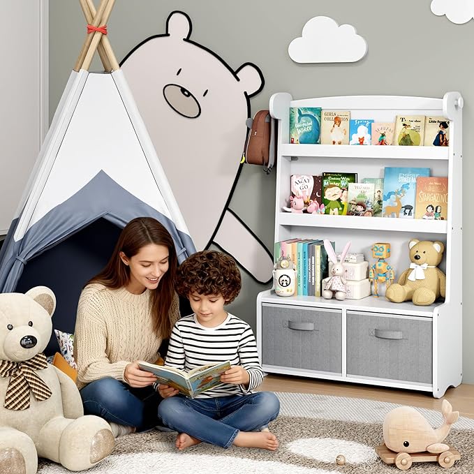 Kids Bookshelf and Toy Storage Organizer, 3 Tier Bamboo Todders Book Shelf Large Book Rack for Child Room Playroom Nursery for Kids, Children, Toddlers (White)