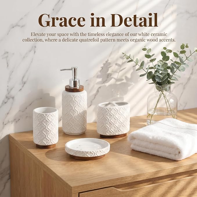 RQYIXI 4 Piece Bathroom Accessories Set, White Ceramic Bath Accessory Set with Wood Accents, Soap Dispenser, Toothbrush Holder, Tumbler and Soap Dish, Elegant Bathroom Countertop Decor