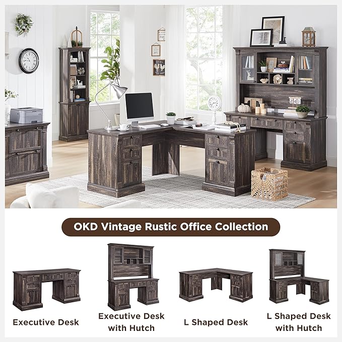 OKD 60" Executive Desk with Hutch and Drawers, Farmhouse Home Office Desk with Charging Station, Keyboard Tray, File Cabinet Storage, Wood Computer Desk for Work and Study, Dark Rustic Oak