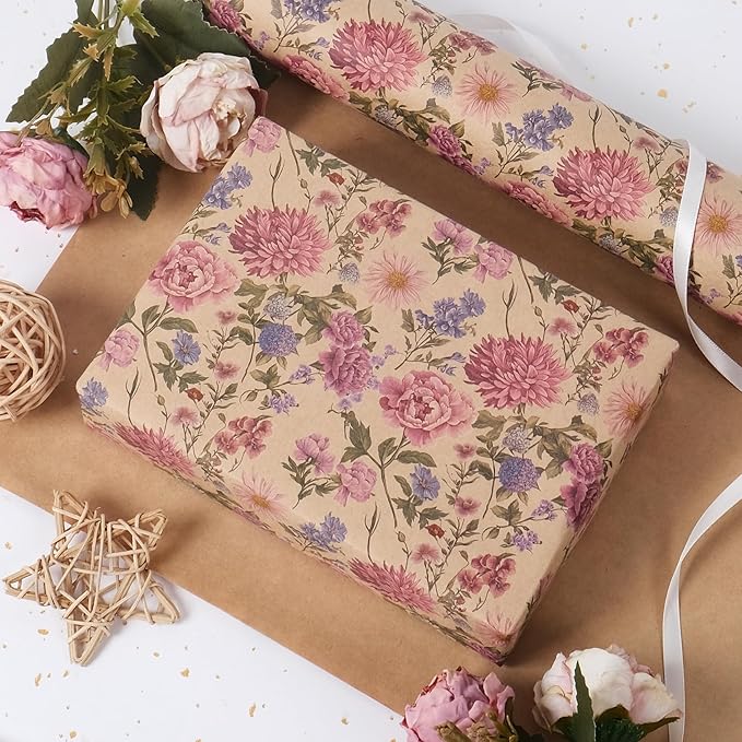 RayofSun Kraft Floral Wrapping Paper Roll 17 in x 32 ft Mini Roll Vintage Wildflower Pink Flower Gift Wrap Paper for All Occasion Wedding Birthday Bridal Shower Party Wrapping Supplies